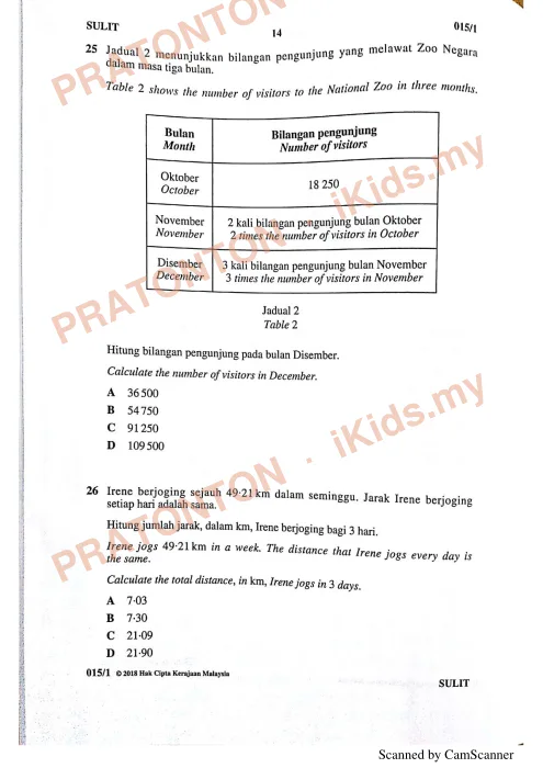 Pratonton muka 14 lembaran Kertas Peperiksaan UPSR 2018 — Matematik Kertas 1 — Matematik Tahun 6