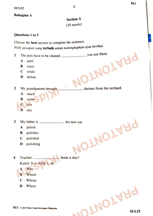 Pratonton muka 1 lembaran Kertas Peperiksaan UPSR 2019 — Bahasa Inggeris Pemahaman — Bahasa Inggeris Tahun 6