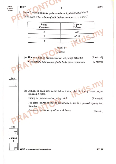 Pratonton muka 12 lembaran Kertas Peperiksaan UPSR 2019 — Matematik Kertas 2 — Matematik Tahun 6