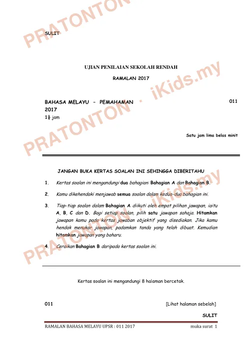 Pratonton muka 1 lembaran Kertas Ramalan 2017 — Bahasa Melayu Pemahaman — Bahasa Melayu Tahun 6