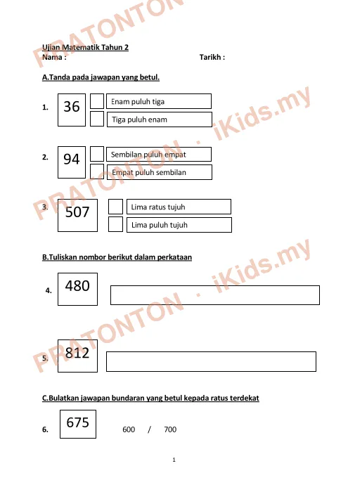 Pratonton muka 1 lembaran Kertas Soalan Matematik 1 — Matematik Tahun 2