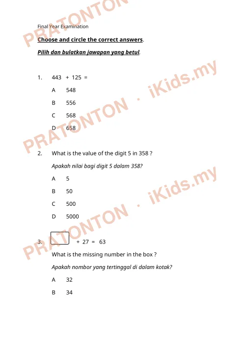 Pratonton muka 1 lembaran Kertas Soalan Matematik 14 — Matematik Tahun 2