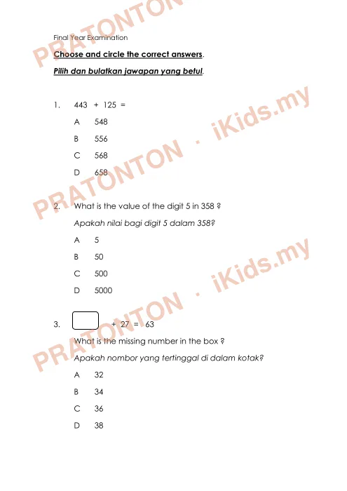 Pratonton muka 1 lembaran Kertas Soalan Matematik 19 — Matematik Tahun 2