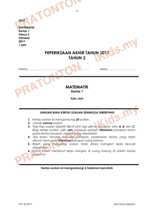 Pratonton muka 1 lembaran Kertas Soalan Matematik 20 — Matematik Tahun 2