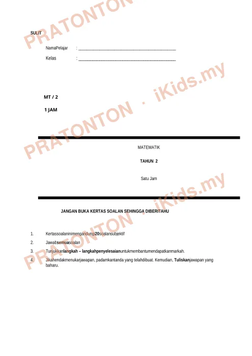 Pratonton muka 1 lembaran Kertas Soalan Matematik 4 — Matematik Tahun 2