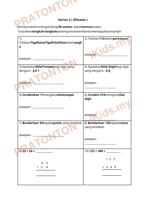 Pratonton muka 2 lembaran Kertas Soalan Matematik 4 — Matematik Tahun 2