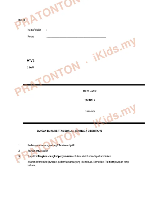 Pratonton muka 1 lembaran Kertas Soalan Matematik 9 — Matematik Tahun 2