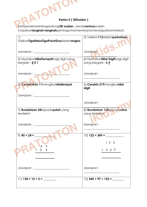Pratonton muka 2 lembaran Kertas Soalan Matematik 9 — Matematik Tahun 2