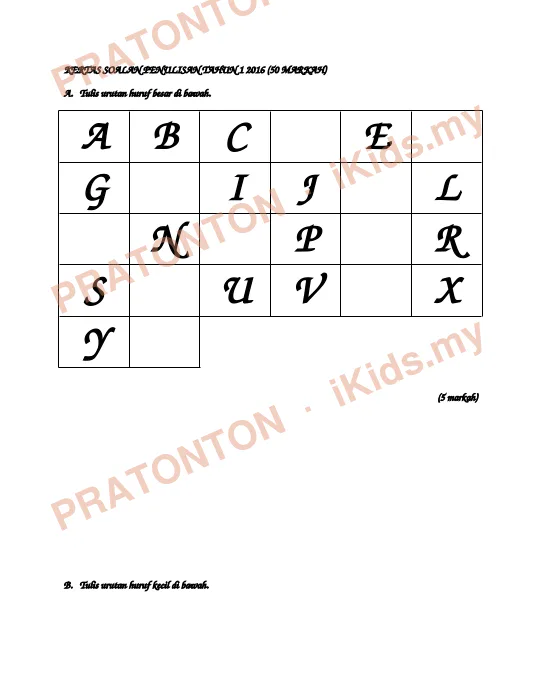 Pratonton muka 1 lembaran KERTAS SOALAN PENULISAN TAHUN 1 2016 (50 MARKAH) — Bahasa Melayu Tahun 1