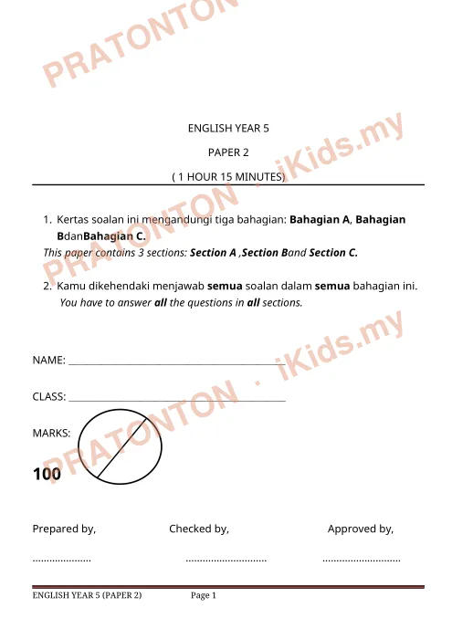 Pratonton muka 1 lembaran Kertas Ujian Bahasa Inggeris Tahun 5 — Kertas 2 — Bahasa Inggeris Tahun 5