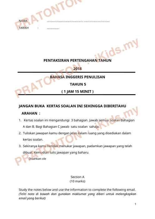 Pratonton muka 1 lembaran Kertas Ujian Bahasa Inggeris Tahun 5 — Bahasa Inggeris Tahun 5