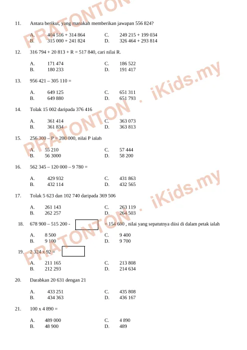 Pratonton muka 3 lembaran Kertas Ujian Matematik Tahun 5 — Kertas 1 (015/1) — Matematik Tahun 5