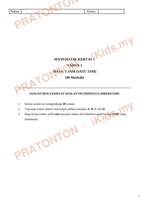 Pratonton muka 1 lembaran Kertas Ujian Matematik Tahun 5 — Kertas 1 (1 Jam) — Matematik Tahun 5