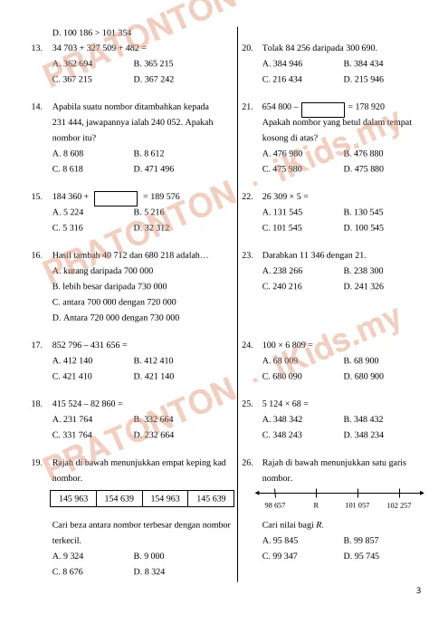 Pratonton muka 3 lembaran Kertas Ujian Matematik Tahun 5 — Kertas 1 (1 Jam) — Matematik Tahun 5