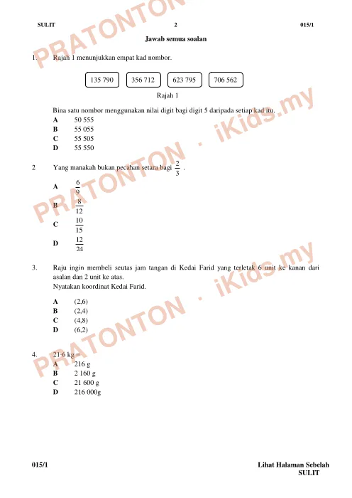 Pratonton muka 1 lembaran Kertas Ujian Matematik Tahun 5 — Kertas 1 (Nombor Bulat) — Matematik Tahun 5