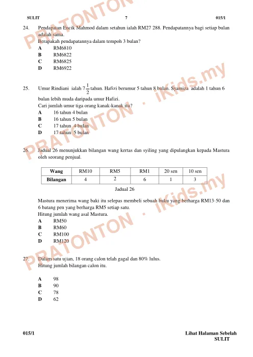 Pratonton muka 6 lembaran Kertas Ujian Matematik Tahun 5 — Kertas 1 (Nombor Bulat) — Matematik Tahun 5