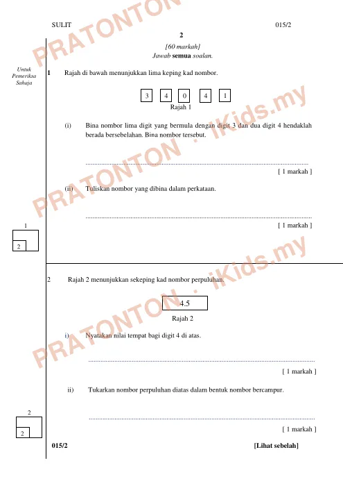 Pratonton muka 1 lembaran Kertas Ujian Matematik Tahun 5 — Kertas 2 (60 Markah) — Matematik Tahun 5