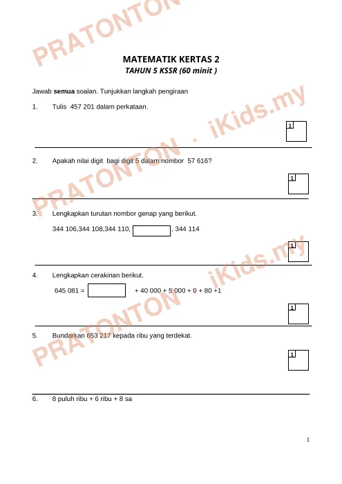 Pratonton muka 1 lembaran Kertas Ujian Matematik Tahun 5 — Kertas 2 (60 Minit) — Matematik Tahun 5