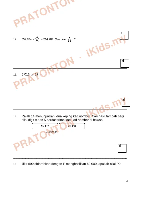 Pratonton muka 3 lembaran Kertas Ujian Matematik Tahun 5 — Kertas 2 (60 Minit) — Matematik Tahun 5