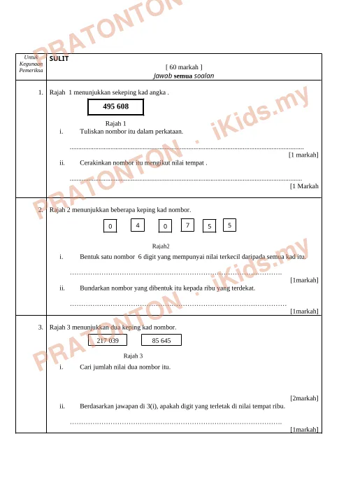 Pratonton muka 1 lembaran Kertas Ujian Matematik Tahun 5 — Kertas 2 (Untuk Kegunaan Pemeriksa) — Matematik Tahun 5