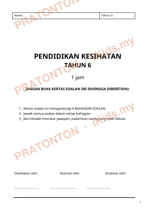 Pratonton muka 1 lembaran Kertas Ujian Pendidikan Kesihatan Tahun 6 (1 Jam) — Pendidikan Kesihatan Tahun 6