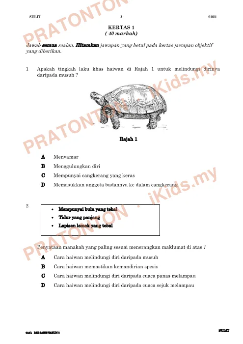 Pratonton muka 1 lembaran Kertas Ujian Sains Tahun 5 — Kertas 1 (40 Markah) — Sains Tahun 5