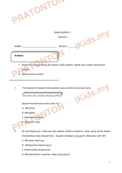 Pratonton muka 1 lembaran Kertas Ujian Sains Tahun 5 — Kertas 1 — Sains Tahun 5