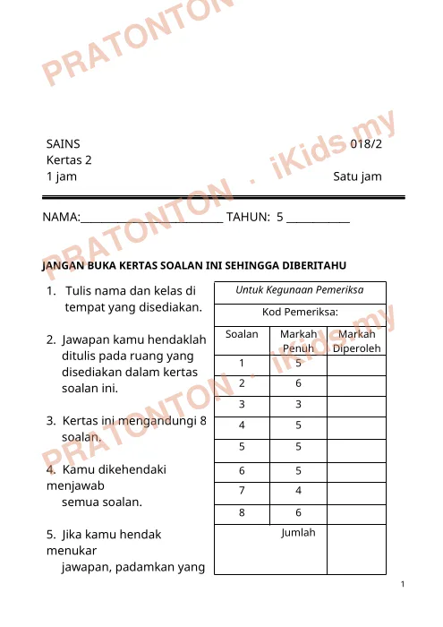 Pratonton muka 1 lembaran Kertas Ujian Sains Tahun 5 — Kertas 2 (018/2) — Sains Tahun 5