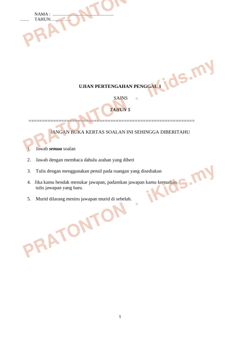 Pratonton muka 1 lembaran Kertas Ujian Sains Tahun 5 — Set Soalan — Sains Tahun 5