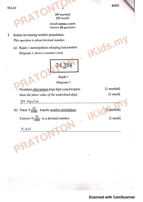 Pratonton muka 1 lembaran Kertas UPSR Sebenar 2019 — Matematik Kertas 2 (Berjawapan) — Matematik Tahun 6