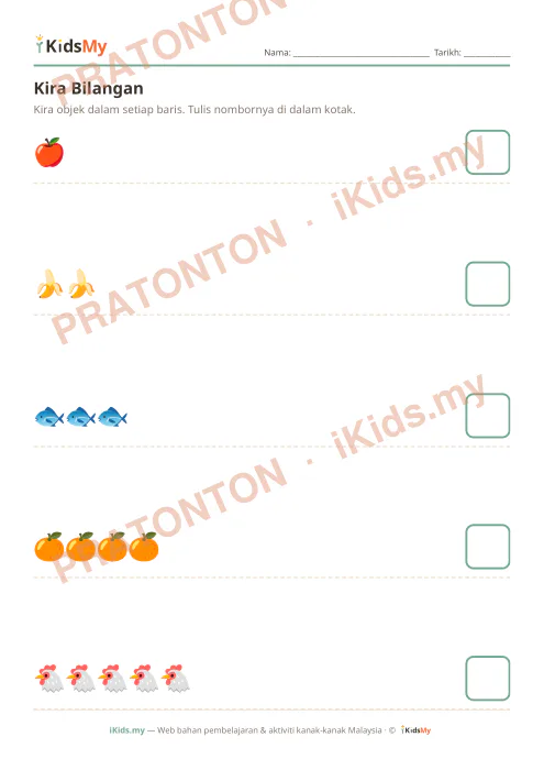 Pratonton muka 1 lembaran Kira Bilangan 1–10 — Matematik Tadika (2-6)