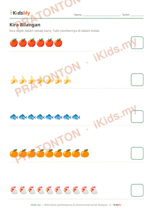 Pratonton muka 2 lembaran Kira Bilangan 1–10 — Matematik Tadika (2-6)