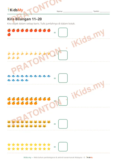 Pratonton muka 1 lembaran Kira Bilangan 11–20 — Matematik Anak Istimewa