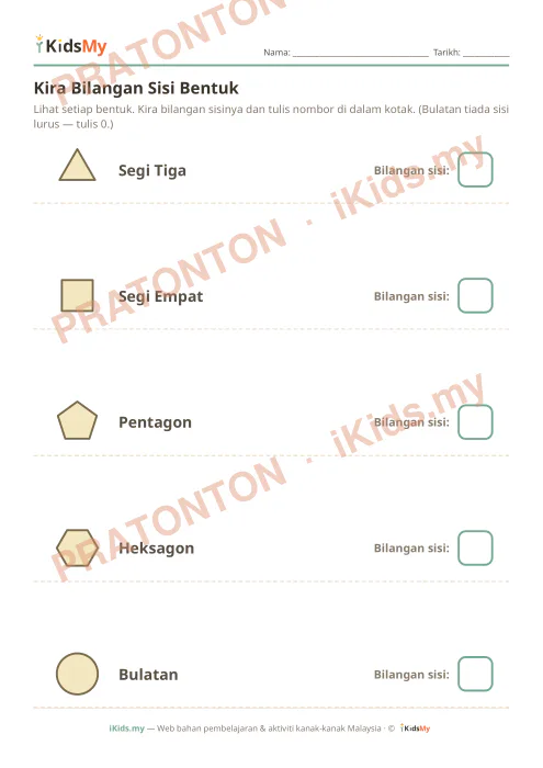 Pratonton muka 1 lembaran Kira Bilangan Sisi Bentuk — Matematik Tahun 1