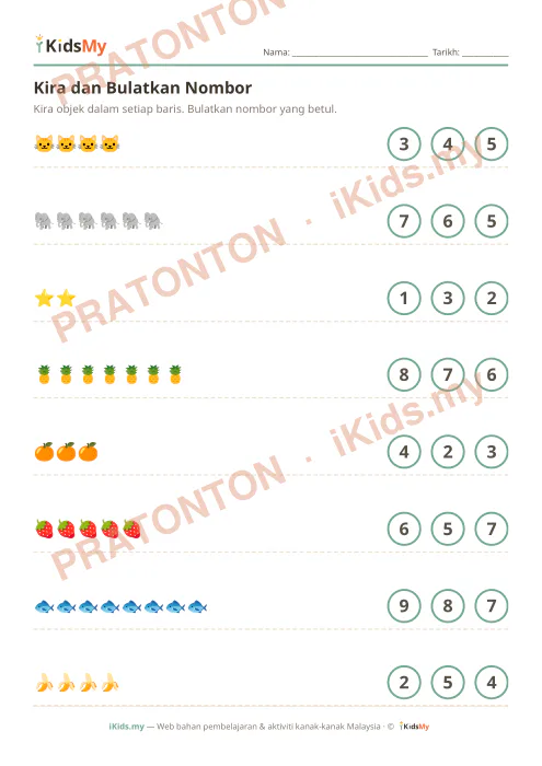 Pratonton muka 1 lembaran Kira dan Bulatkan Nombor (Set 2) — Matematik Anak Istimewa
