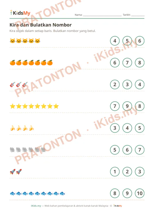 Pratonton muka 1 lembaran Kira dan Bulatkan Nombor (Set 5) — Matematik Anak Istimewa