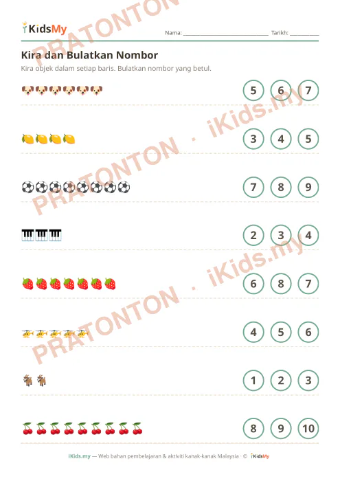 Pratonton muka 1 lembaran Kira dan Bulatkan Nombor (Set 6) — Matematik Anak Istimewa