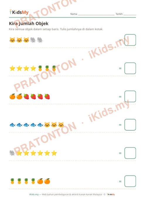 Pratonton muka 1 lembaran Kira Jumlah Objek (Set 2) — Matematik Tadika (2-6)