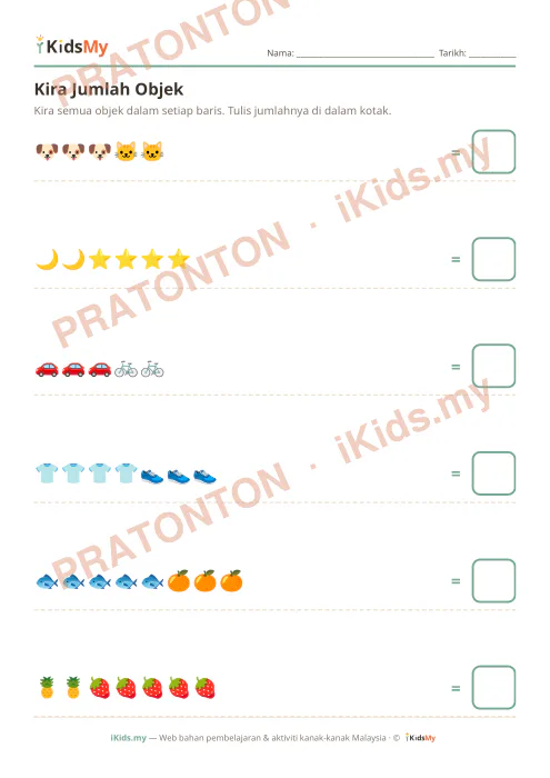 Pratonton muka 1 lembaran Kira Jumlah Objek (Set 3) — Matematik Tadika (2-6)
