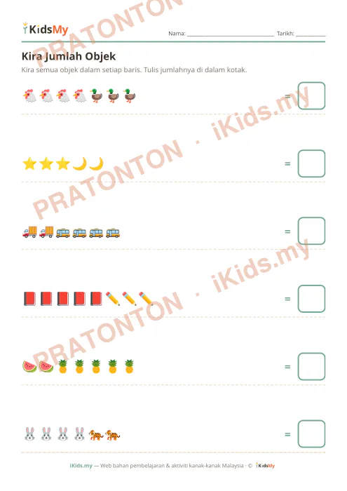 Pratonton muka 1 lembaran Kira Jumlah Objek (Set 4) — Matematik Tadika (2-6)