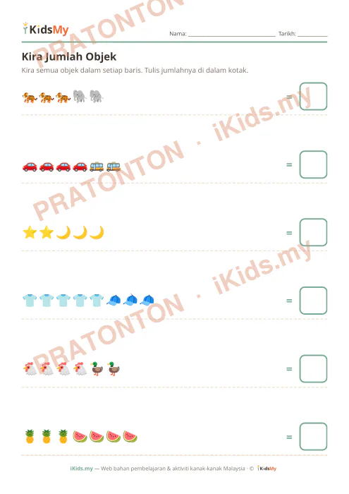 Pratonton muka 1 lembaran Kira Jumlah Objek (Set 5) — Matematik Tadika (2-6)