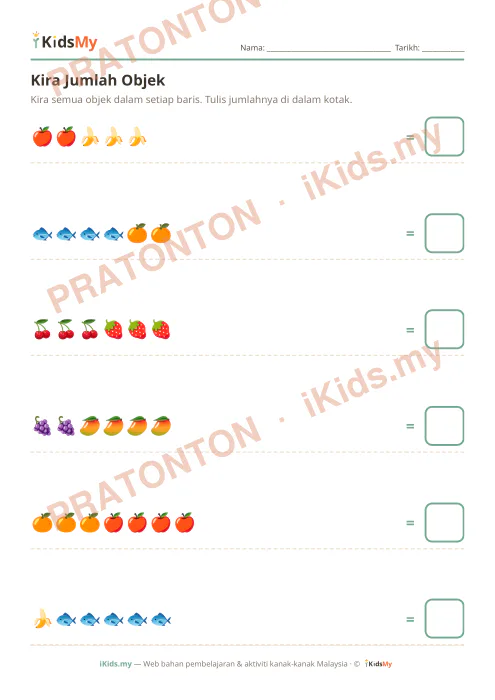 Pratonton muka 1 lembaran Kira Jumlah Objek — Matematik Tadika (2-6)