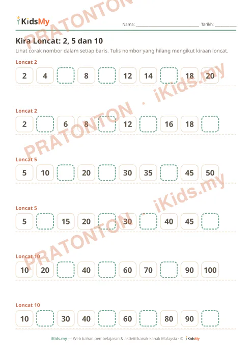 Pratonton muka 1 lembaran Kira Loncat: 2, 5 dan 10 — Matematik Tahun 1