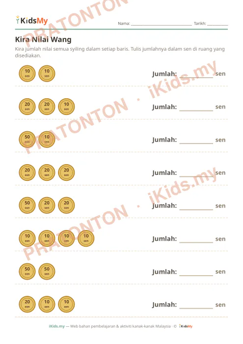 Pratonton muka 1 lembaran Kira Nilai Wang (Sen) — Matematik Tahun 1
