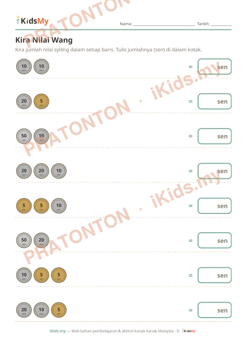 Pratonton muka 1 lembaran Kira Nilai Wang (Syiling) — Matematik Tahun 1