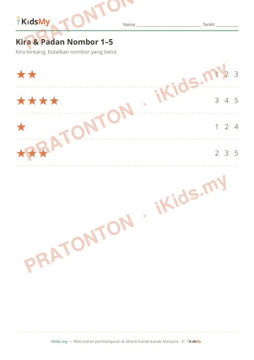 Pratonton muka 1 lembaran Kira & Padan Nombor 1–5 — Matematik Tadika (2-6)
