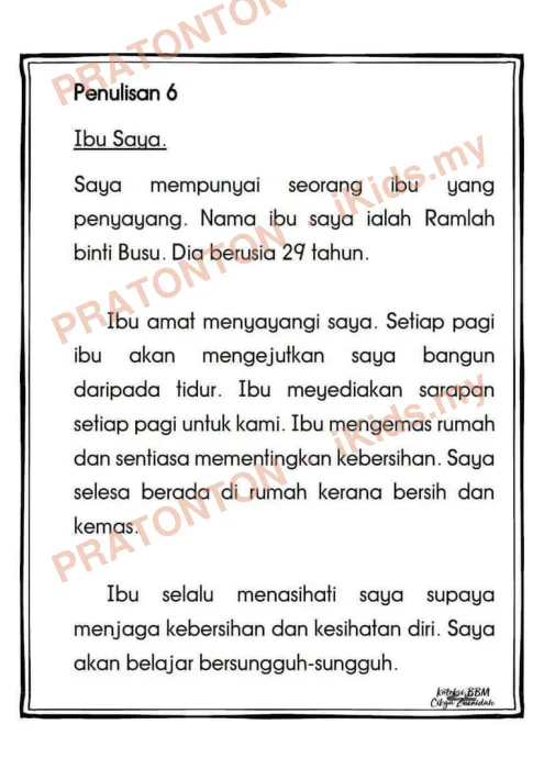 Pratonton muka 1 lembaran Koleksi Penulisan Karangan — Ibu Saya — Bahasa Melayu Tahun 6