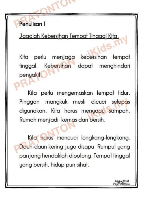 Pratonton muka 1 lembaran Koleksi Penulisan Karangan — Jagalah Kebersihan Tempat Tinggal Kita — Bahasa Melayu Tahun 6