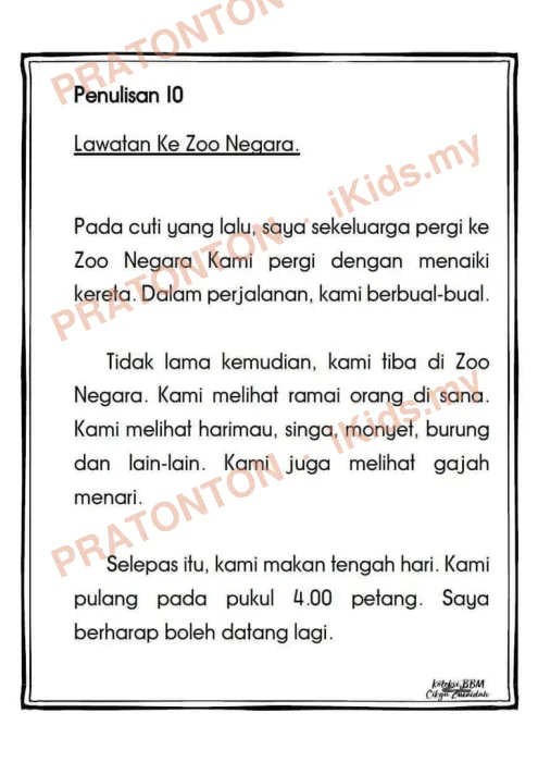 Pratonton muka 1 lembaran Koleksi Penulisan Karangan — Lawatan ke Zoo Negara — Bahasa Melayu Tahun 6