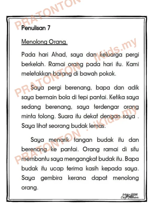 Pratonton muka 1 lembaran Koleksi Penulisan Karangan — Menolong Orang — Bahasa Melayu Tahun 6